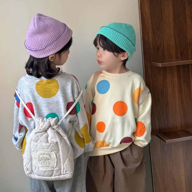 Spring Autumn Boys and girls colorful dot Hoodies unisex Kids soft loose O-Neck sweatshirts children Tops