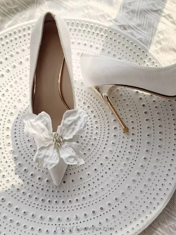 

Original Women's White Satin Flower Bride High Heels Crystal Leather Pointed Toe 9.5/6.5cm Pumps Handmade Party Wedding Shoes