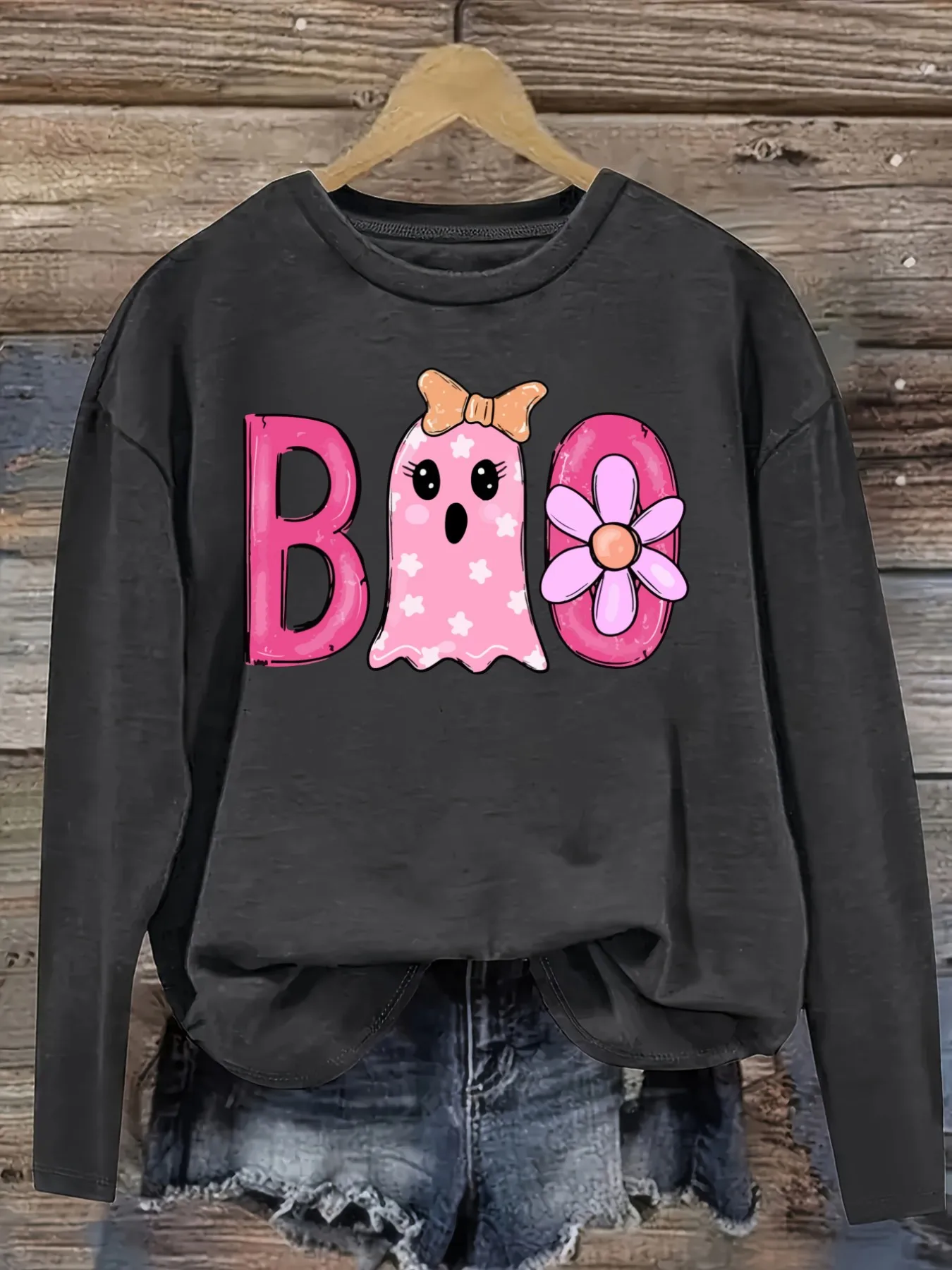 Women's Casual Long Sleeve Crew Neck T-Shirt Pink Boo Ghost Flower Print Design, Round Neck Women's Clothing, Machine Washable, Slightly Elastic, Loose Fit, Spring Autumn Winter Women's T-Shirt, Halloween Costume Outfit