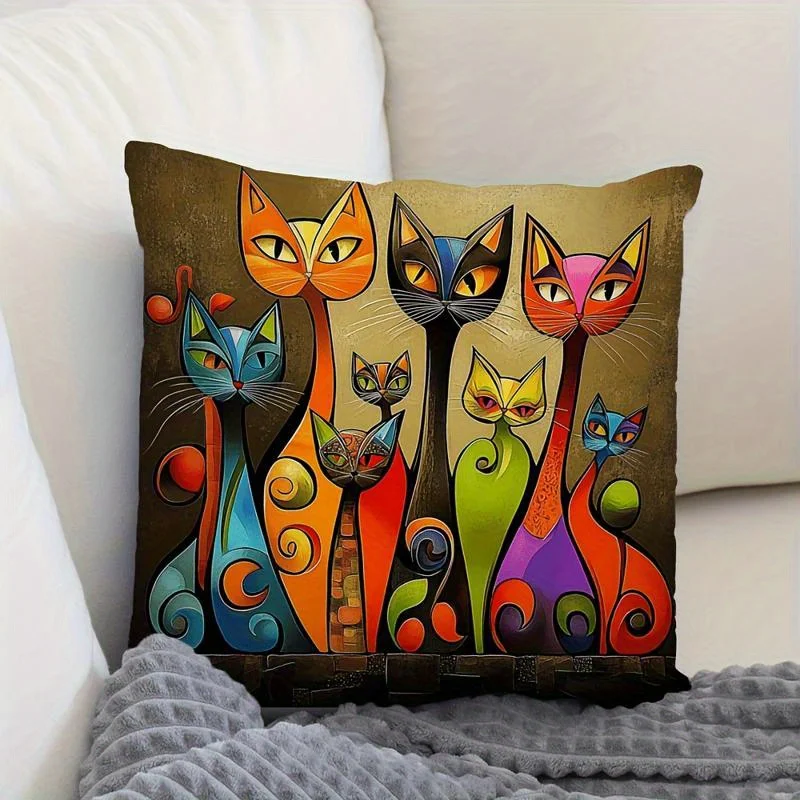 1pc Abstract Art Style Colorful Cat Family Throw Pillow Cover,Suitable for Sofa,Bedroom,Living Room,Artistic Gift for Cat Lovers