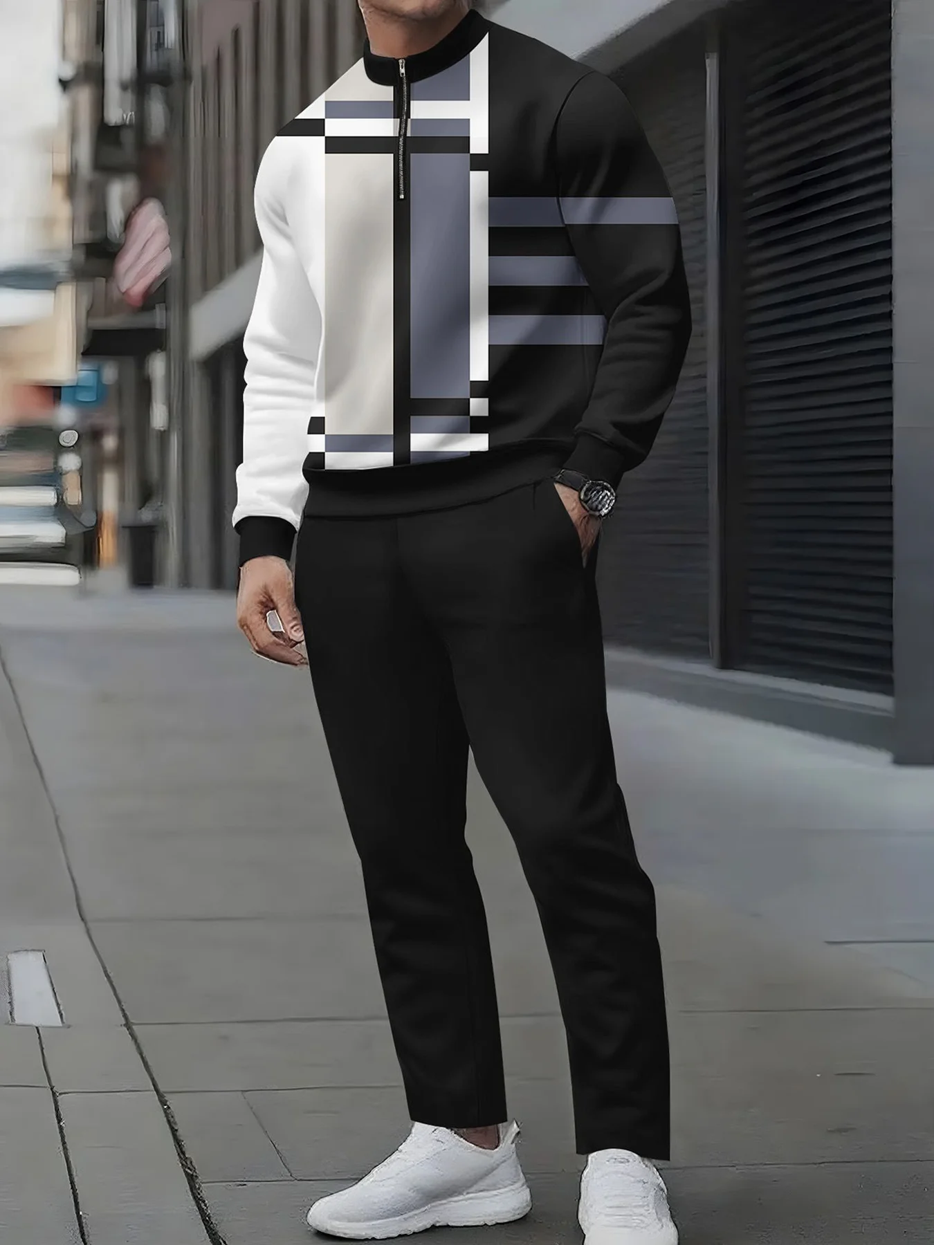 Set da 2 pezzi, top sportivo a maniche lunghe e pantaloni lunghi da uomo europei e americani alla moda