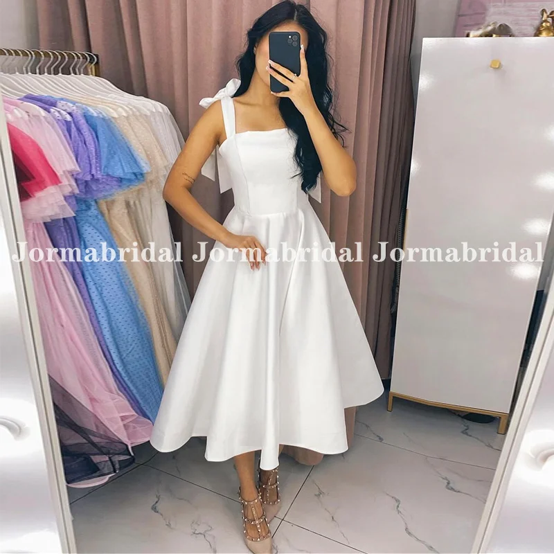 Princess A-line Short Wedding Dress with Bow Straps White Ivory Satin Tea Length Travel Bridal Gowns for Summer Wedding Vestidos