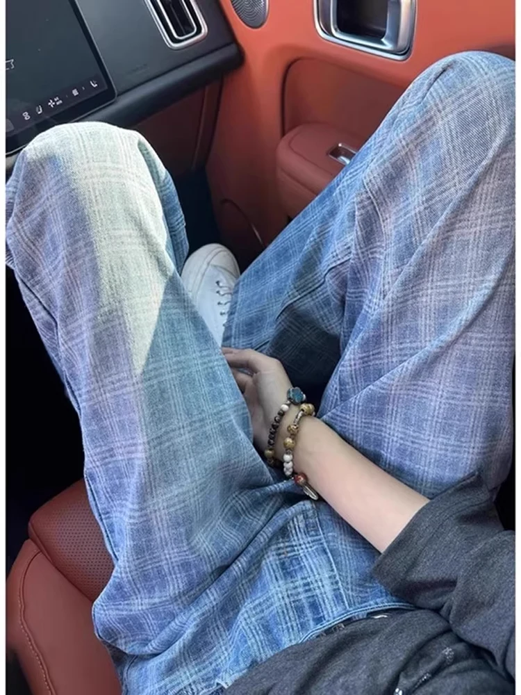 

Клетчатые джинсовые брюки, мужские и женские летние тонкие брюки High Street Vibe в американском стиле ретро, тонкие прямые брюки с микро расклешенными штанинами