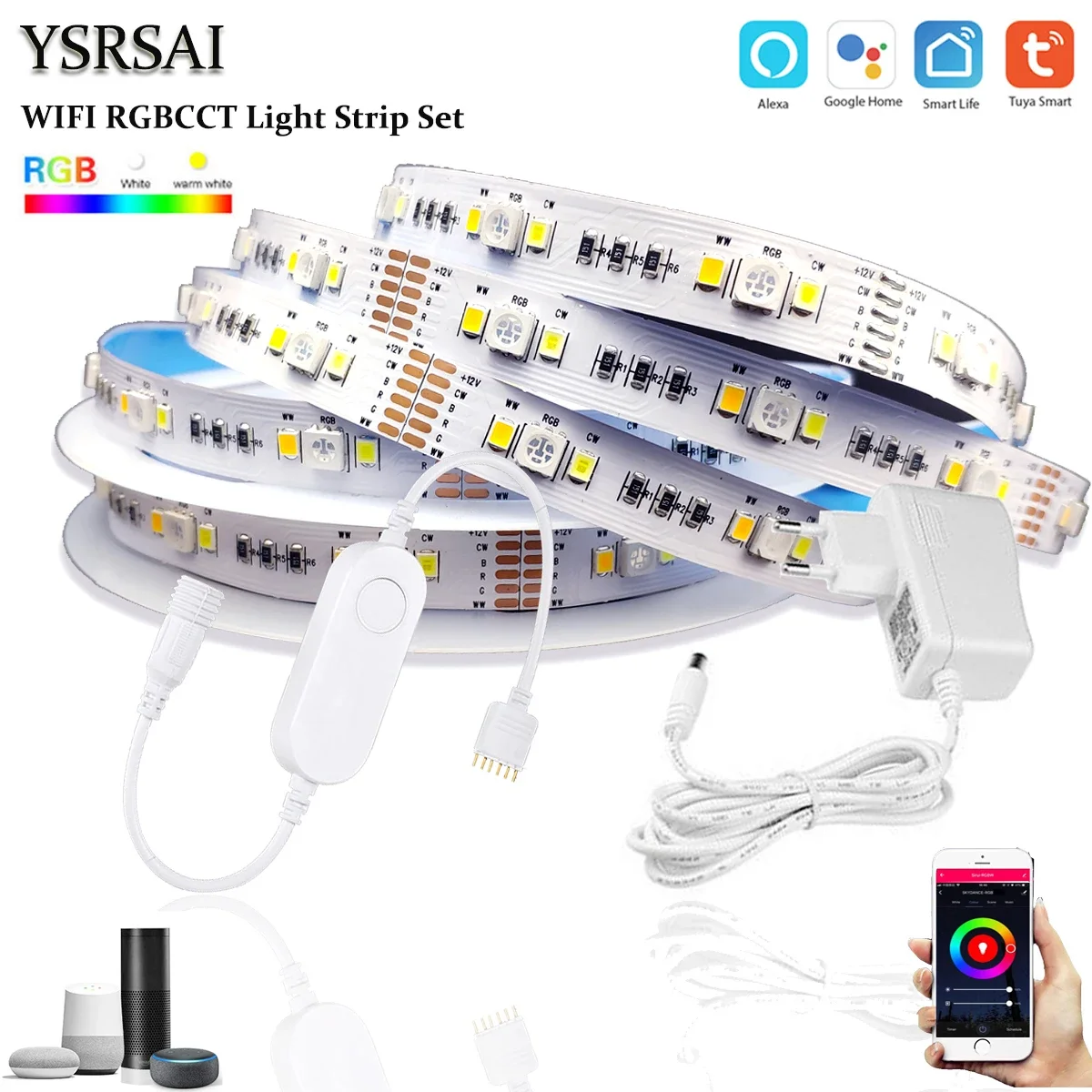 DC12V Tuya Wifi LED Strip Light Mini Controller 1M-5M 5050 RGBCW RGB+CCT 90leds/m Light Kit for Alexa Google Home Smart Life APP