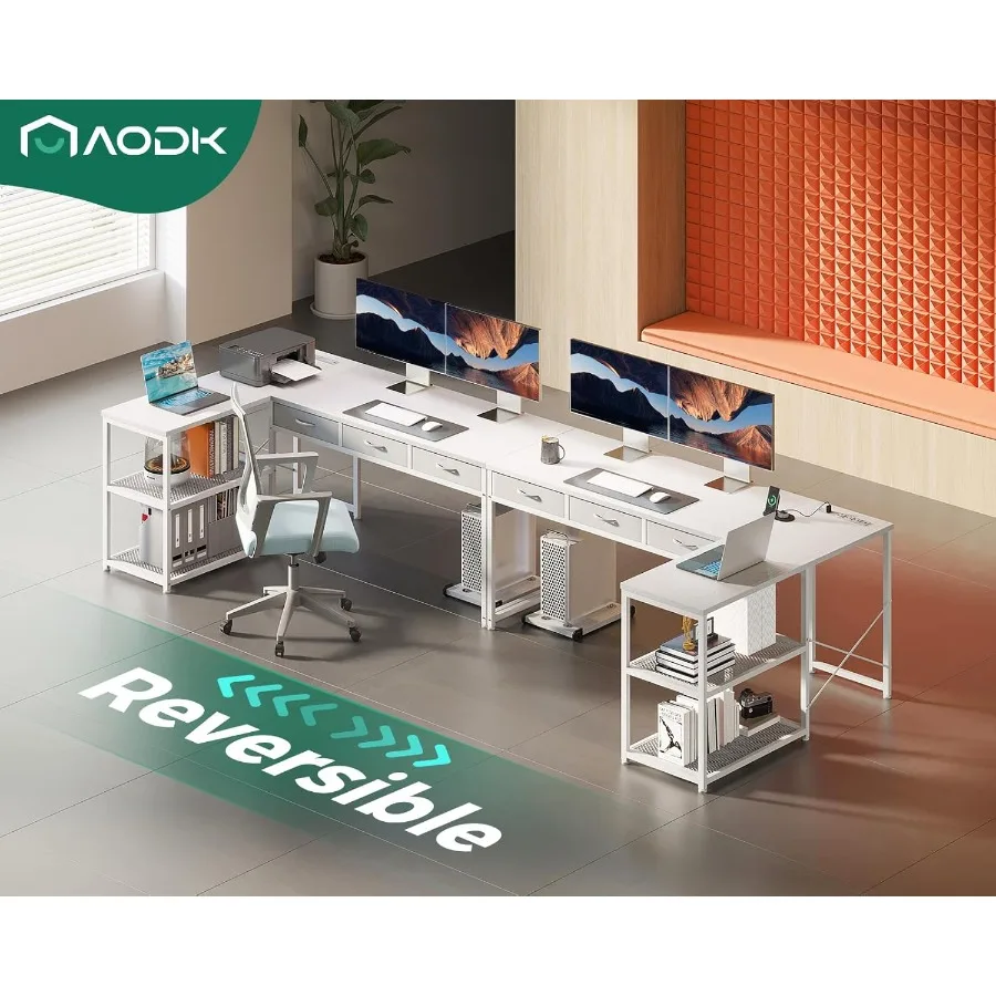 مكتب كمبيوتر على شكل حرف L مقاس 61 بوصة مع أدراج للمكتب المنزلي ومكتب زاوية إعداد الألعاب يتميز بمنافذ طاقة مدمجة وإعادة