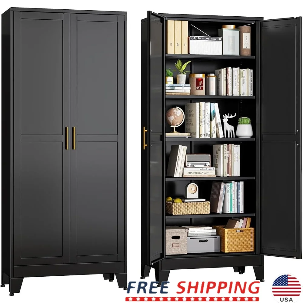 

Black Metal Storage Cabinet with Adjustable Shelves Double Door Design Multi Scenario Use Bathroom Kitchen Office Utility Room