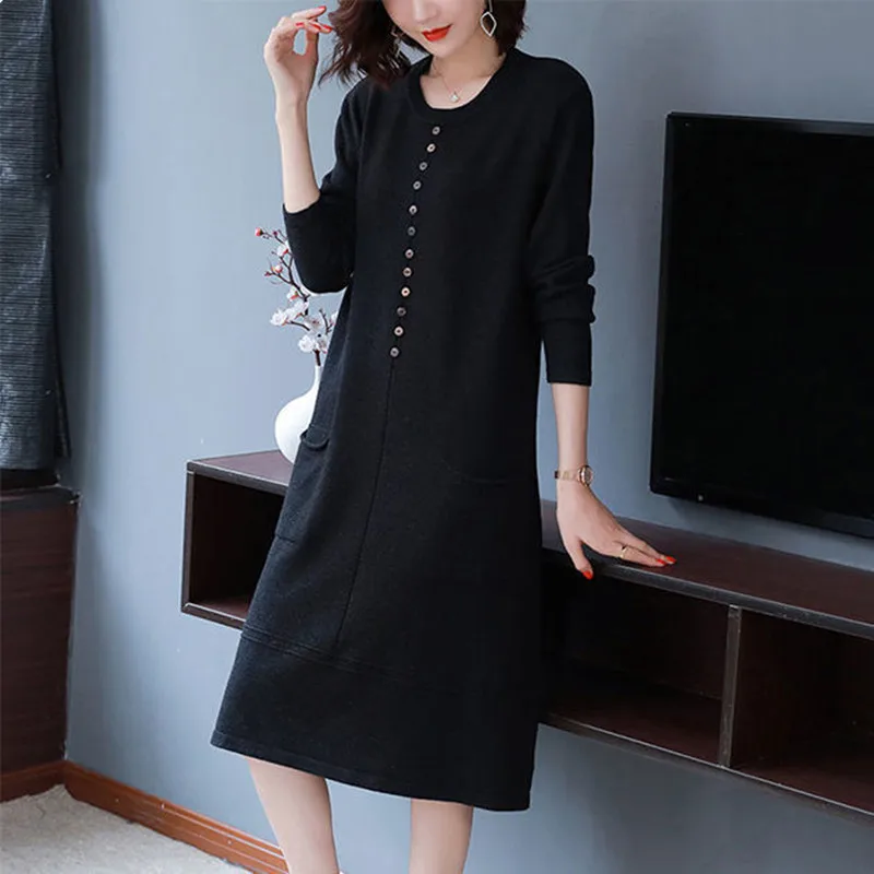 2024 Women Knitting Sweater Dress O-Neck Pullover Pockets Buttons Solid Casual Oversize Vestidos Office Lady Bottom Clothes