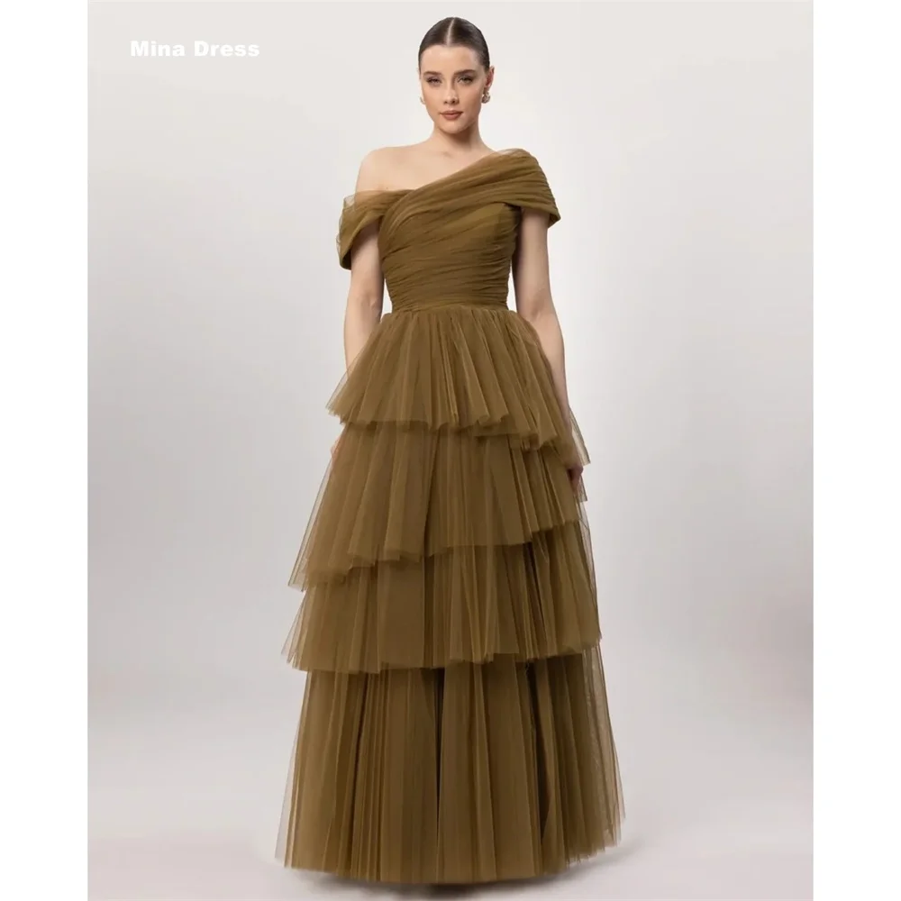 Mina Customized Khaki Multi-layered Cross-shoulder Backless Wedding Guest Dresses 2026 Trends Elegant Party Dresses Prom Dress