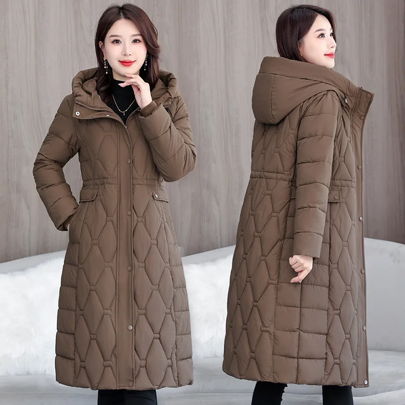 

Thicken Warm Overcoat Diamond Texture Hooded Outerwear Winter Coats Long Parkas Women's Down Cotton-Padded Jacket