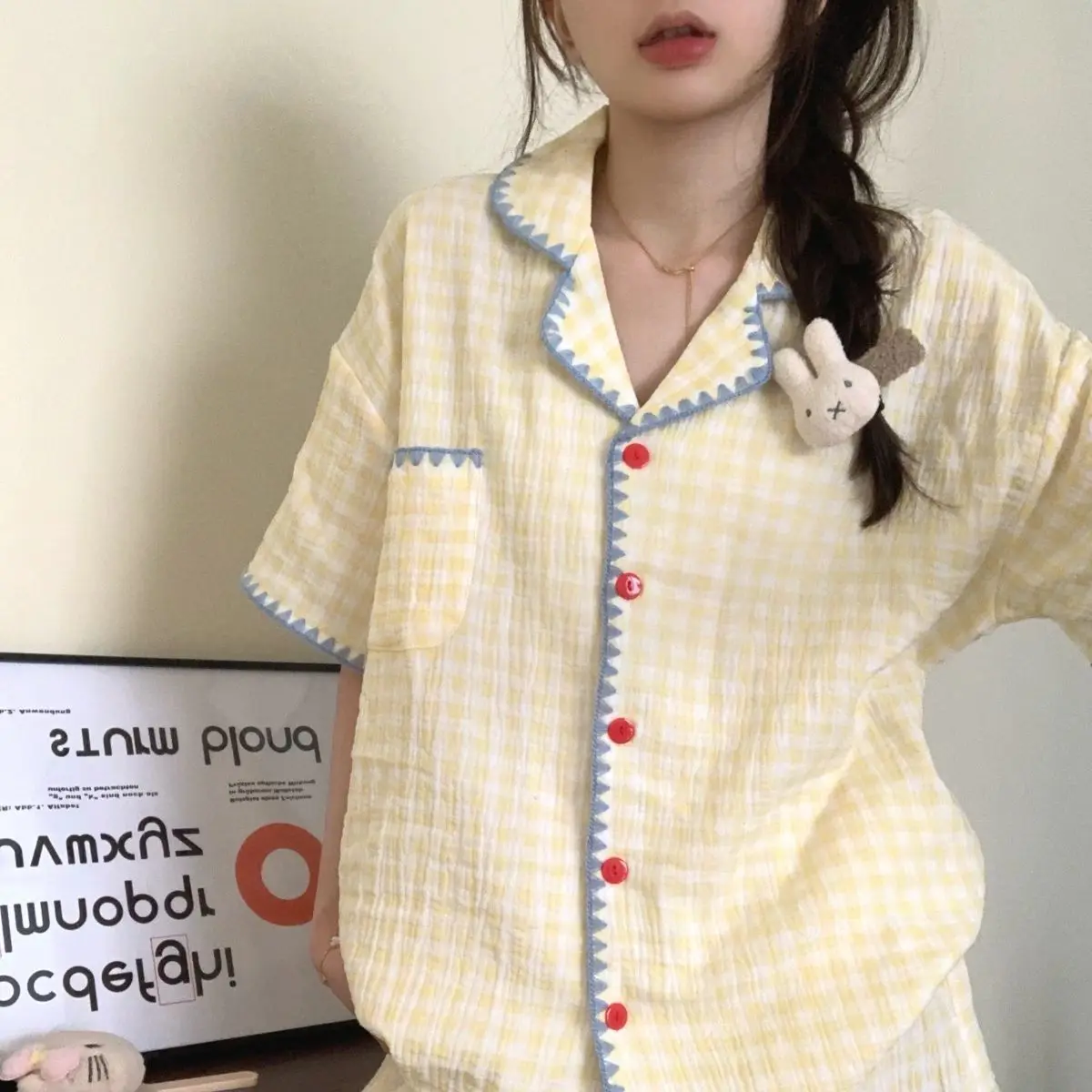 

Милый летний пижамный комплект для женщин в клетку с цветовыми блоками: комплект с коротким рукавом, очаровательный домашний костюм из двух предметов, женская летняя одежда