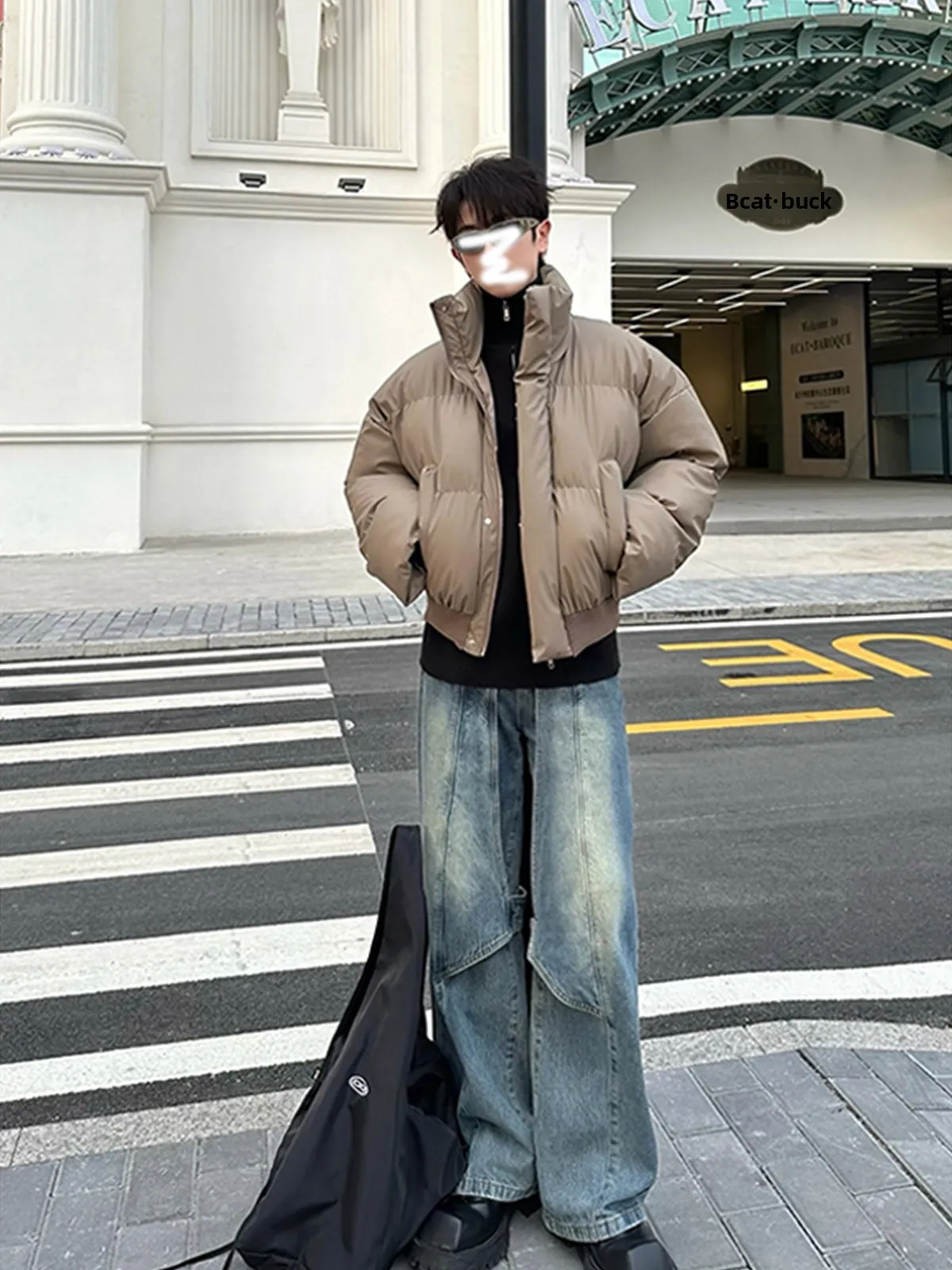 

Kaki Color PU Leather Cotton Jacket Men's Winter Thickened Fleece Lined Short Style Stand Collar Cotton Coat Outerwear