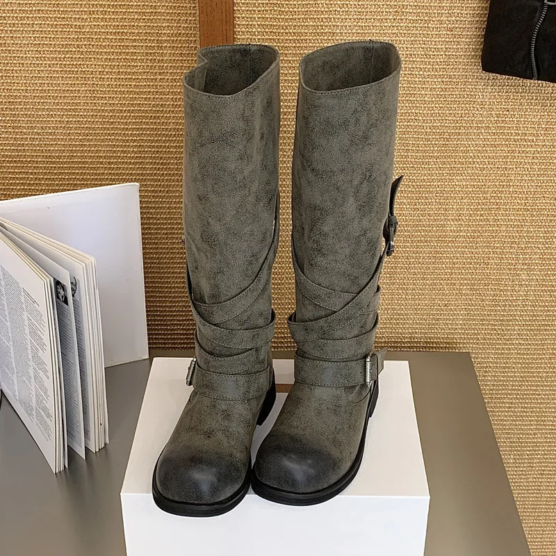 Eilyken Fashion Design Belt Buckle Splicing Color Knee-High Boots Women Round Toe Square Low Heels Banquet Shoes