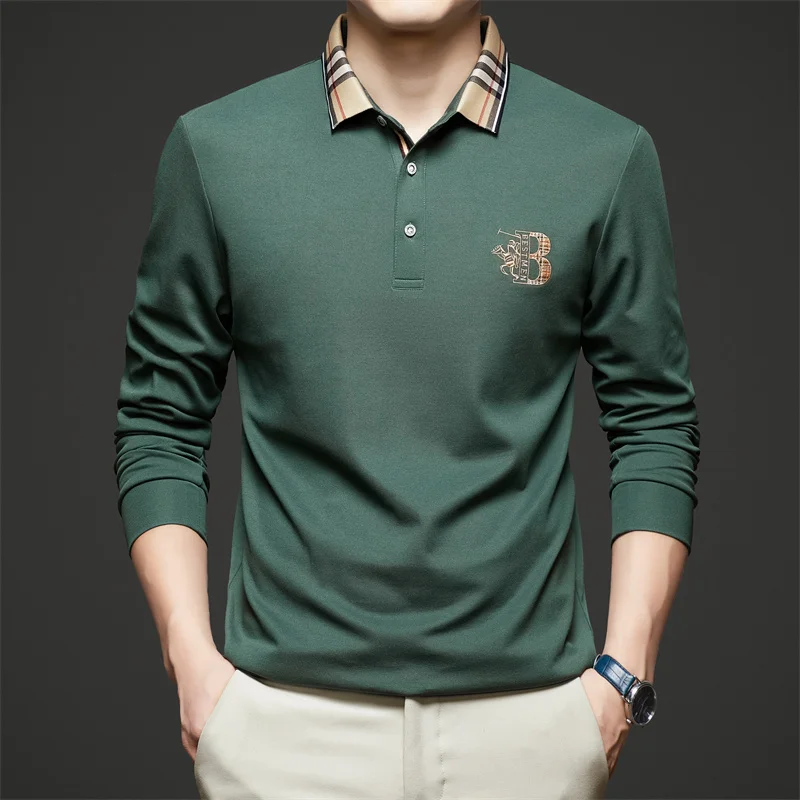 Modisches, hochwertiges, besticktes Herren-Polohemd aus Baumwolle, Herbst-Revers-T-Shirt in Kontrastfarben, lässige, vielseitige Herrenbekleidung – Detail 11
