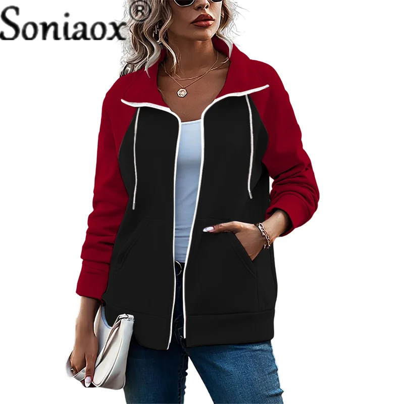 

Casual Cardigan Color Blocking Sweatshirt Loose Jacket Ladies Elegant Cotton Lapel Neck Warm Pocket Women's Tops 2022 Winter 5XL