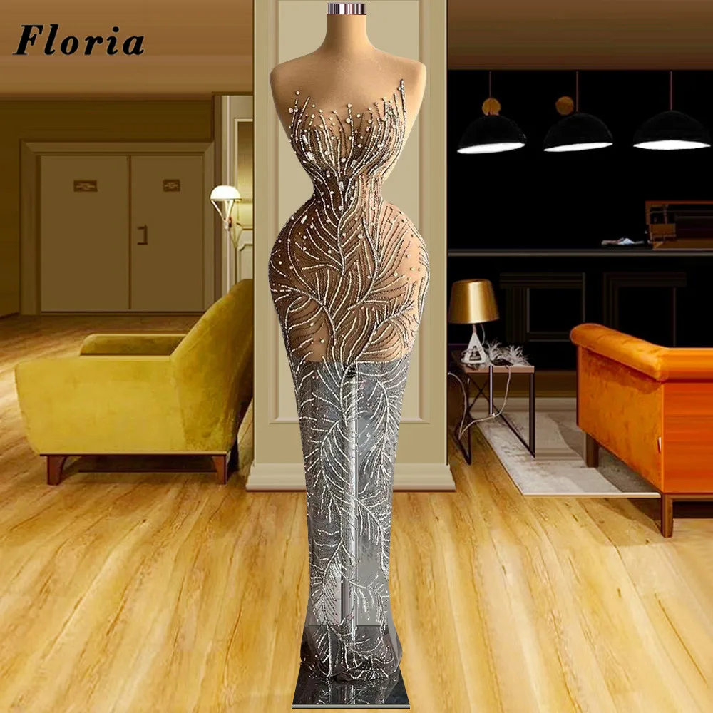 

Floria New Fashion Mermaid Evening Dresses Custom Made Illusion Beading Diamonds Celebrity Party Dress For Women Robes Du Soir