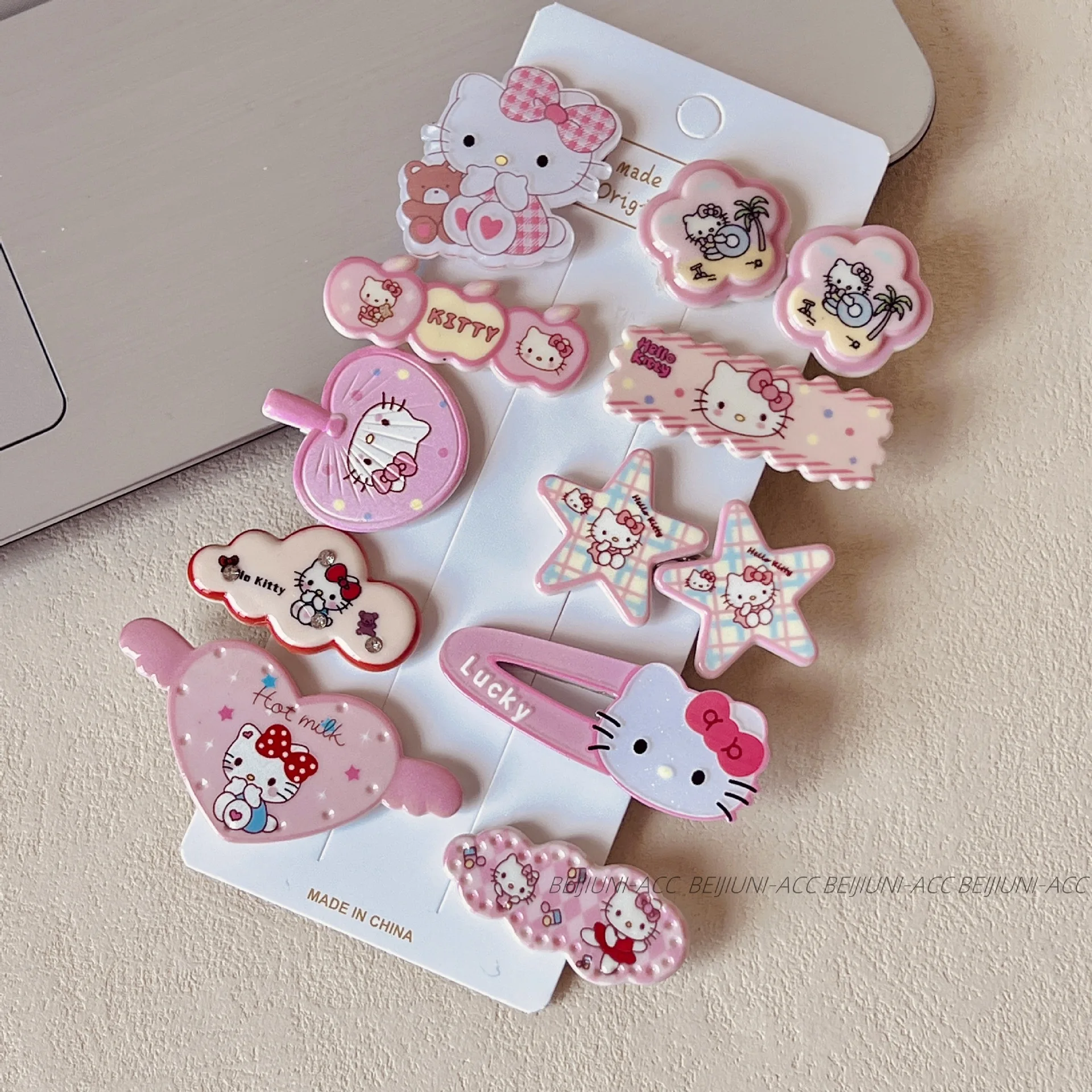 10 Pcs Summer Girl's Fashion Cartoon Hello Kitty Hair Pin Hairpin Cute KT Girls' Bangs Hair Accessories Baby Child Holiday Gifts