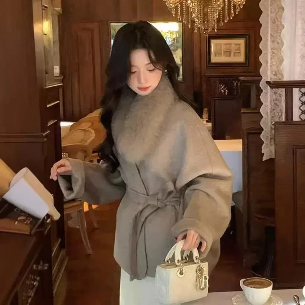 

High-end Double-sided Cashmere Jacket Women Real Fox Fur Coat Female Wool Jacket 2024 Autumn Winter New Loose Woolen Coat Lady