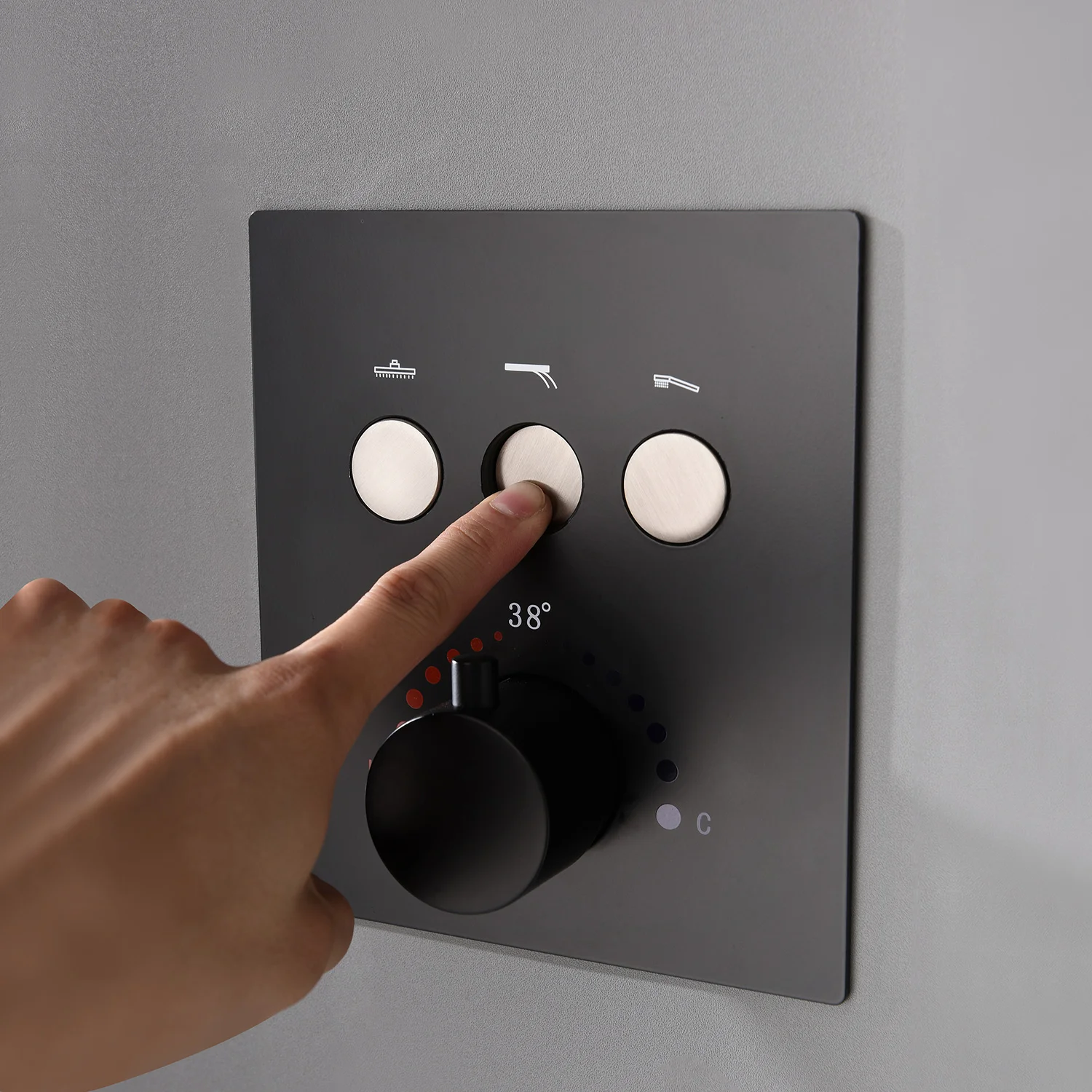 Modern Shower Bathroom Accessories Thermostatic Push Button Mixer with Diverter 3 Functions Matte Black Surface Wall Mounted