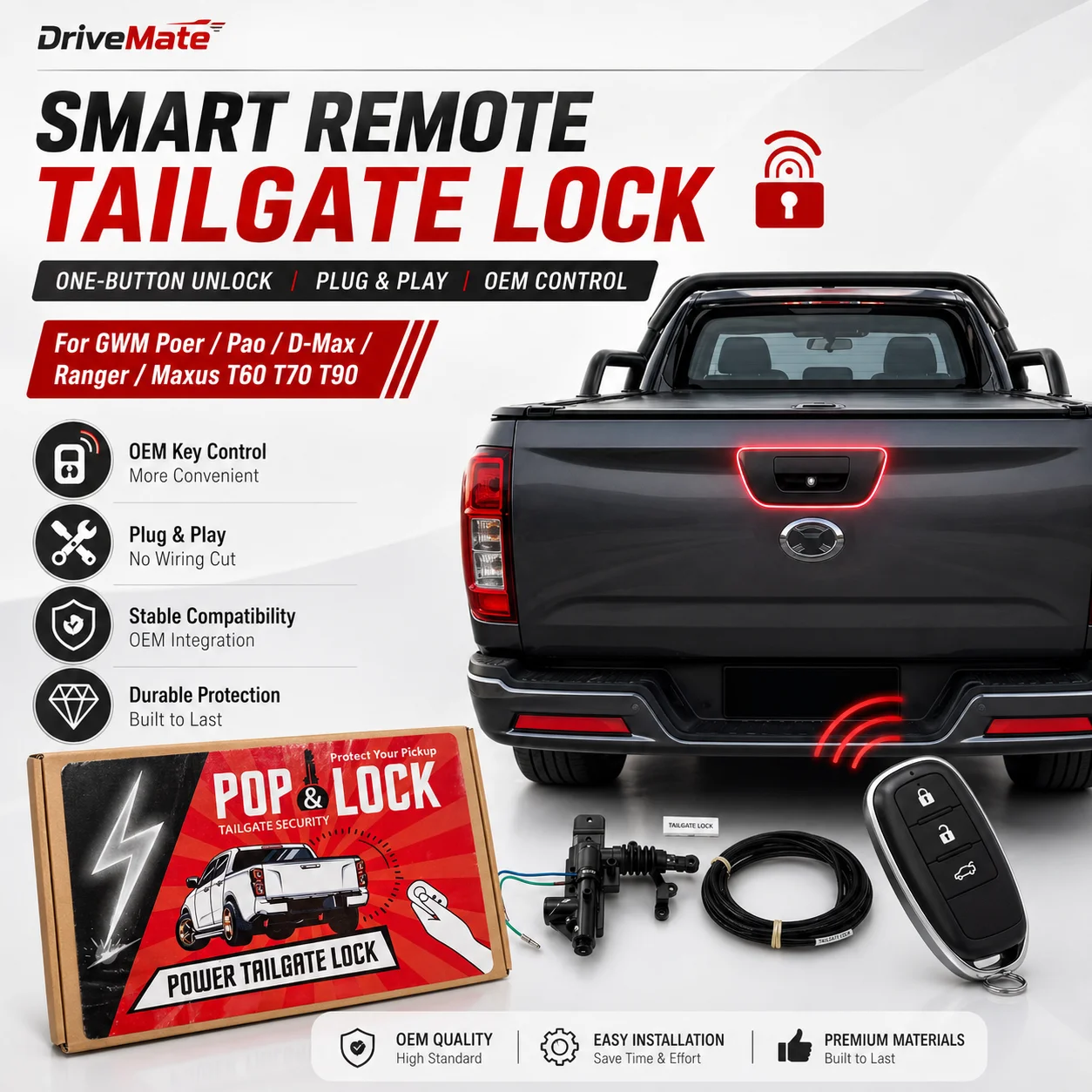 Kit de Cierre Centralizado de Seguridad para Puerta Trasera de Camioneta, Compatible con GWM Poer / Pao D-Max Ranger Maxus T60 T70 T90