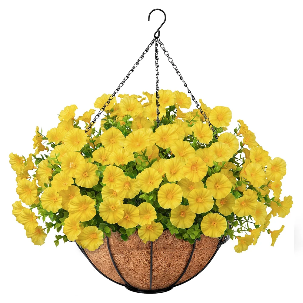 Kunstmatige hangende Morning Glory-bloemen met mandset buitenshuis UV-bestendige nepplanten voor muur huis tuin veranda tuin decor