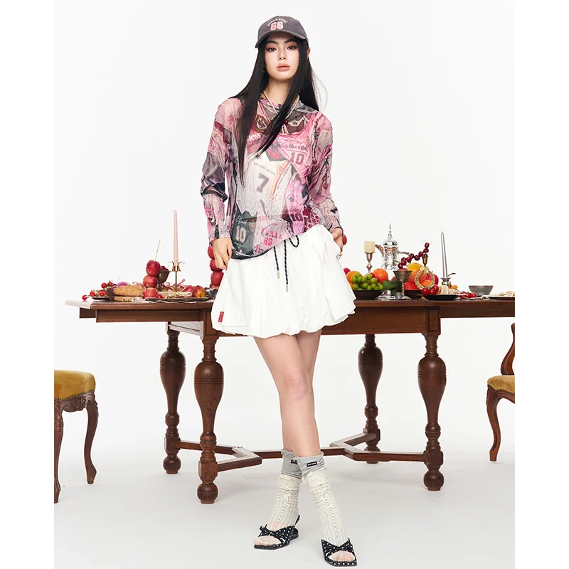 ELFSACK Mesh Long Sleeve T-shirt, Retro Jersey Print See-through Top, Cute Cat Patchwork Slim Tee for Women