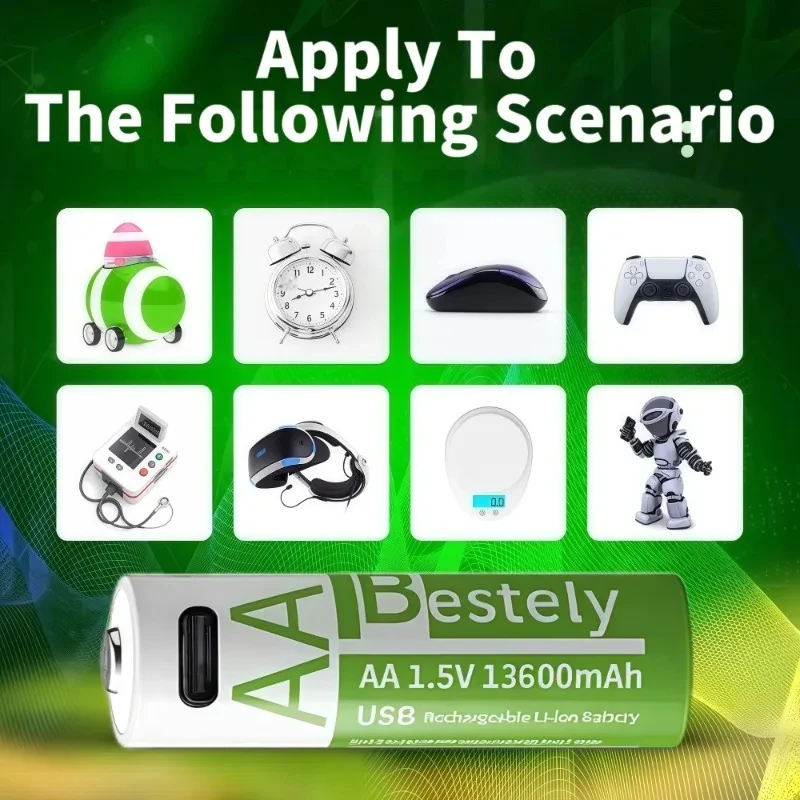 Bestely nova bateria de lítio recarregável aa 1.5v 13600mah usb tipo-c aa baterias de íon-lítio para controle remoto brinquedo de fechadura de porta inteligente
