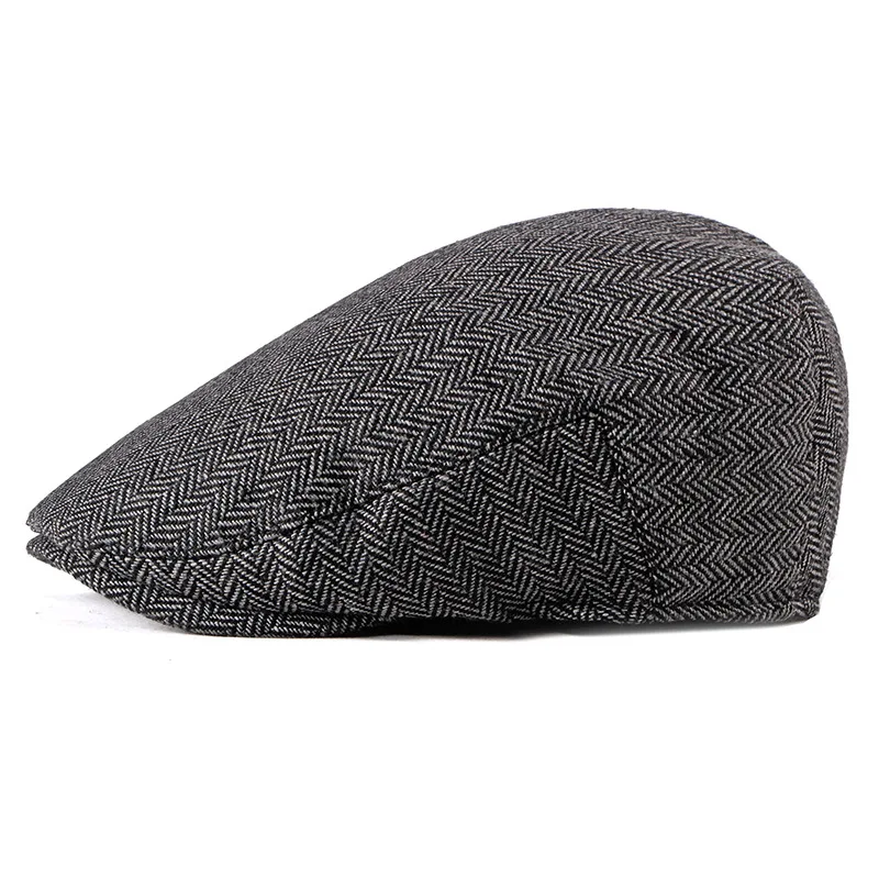 Herren Mode Baskenmützen Hochwertige Herbst-Winter Woll-Fischgrätmuster Flache Mütze Klassischer Künstler-Malermützen-Stil Männliche Gorras – Detail 2