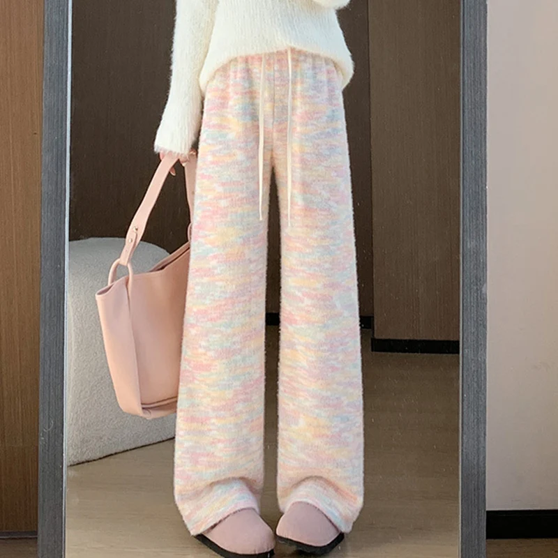 Korean Mix Color Knitted Pants Women 2025 Autumn Winter Fleece Thicken Sweatpants Woman Soft Lace Up Casual Pants Female