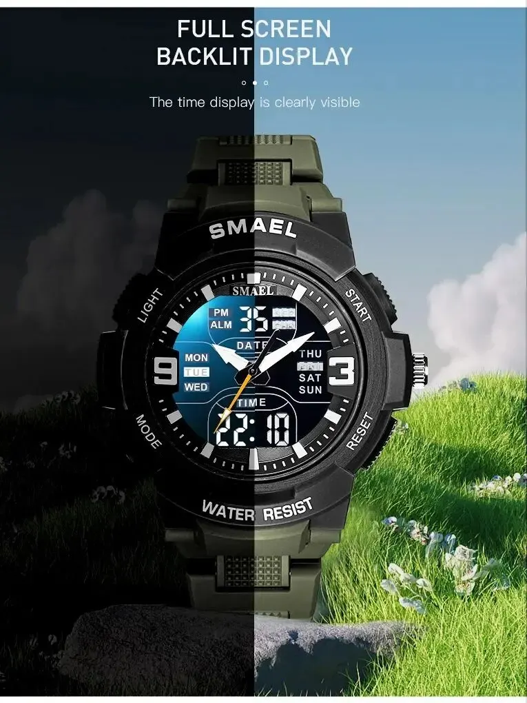 SMAEL Sport Quart Dual Display Waterproof Alarm Multifunction Light Clock 1912 For Mens