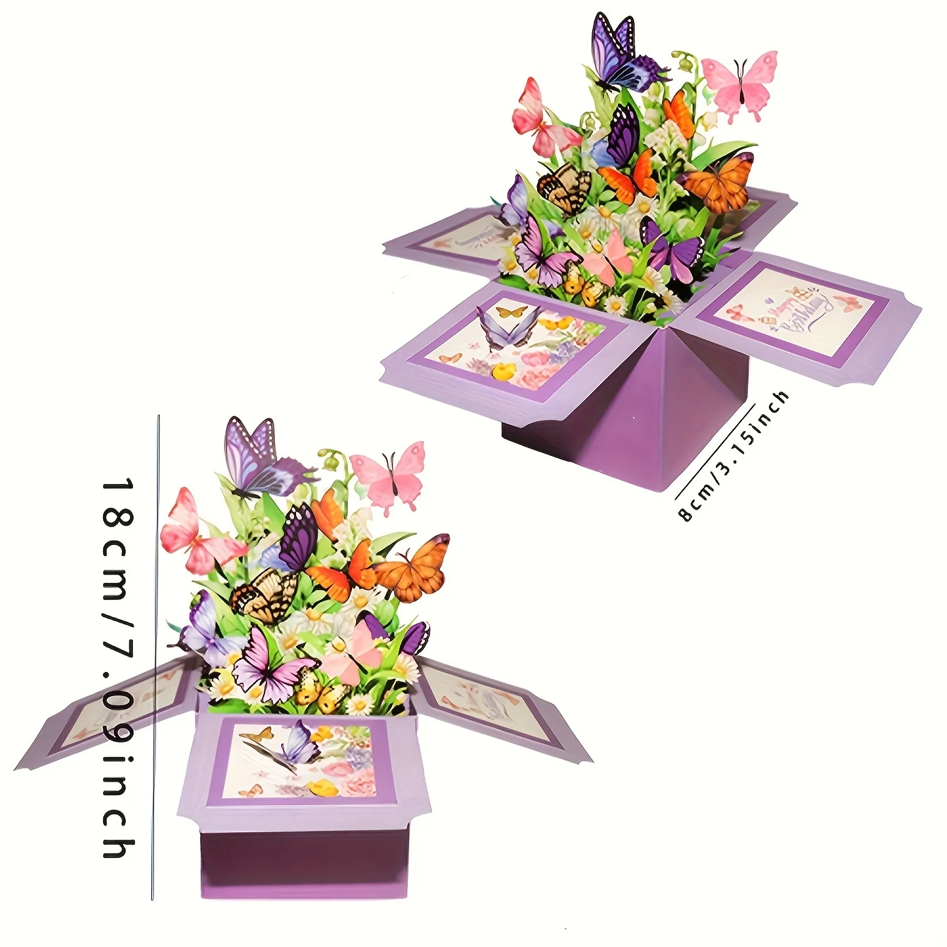 3D-Pop-Up-Geburtstagskarte, lila Schmetterlings-Blumen-Grußkarte mit Umschlag, kreatives Geschenk für Kinder, Erwachsene, Familie, Freunde – Detail 4