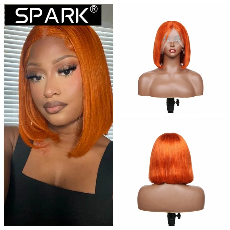 

SPARK #350 Ginger Bob Wig Human Hair Orange Colored Pre Plucked Lace Front Virgin Hair Middle Part Straight Short Bob 8-16 Inch