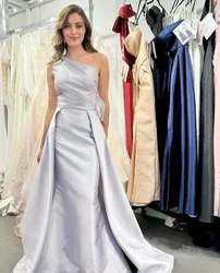 Satin One-Shoulder Evening Dresses Elegant A-line Sleeveless Court Train Plain Simple Special Occasion Dress Wedding Guest Gown