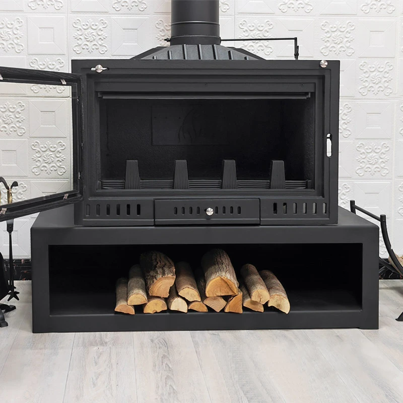 

Большой чугунный отдельно стоящий камин для использования в помещении, зима, современный дизайн, деревянный держатель дров