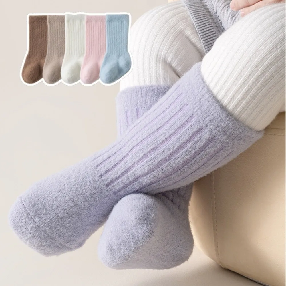 New Velvet Terry Socks Mid Tube Thicken Warm Infant Floor Socks Solid Color Comfortable Knitted Socks for Newborns