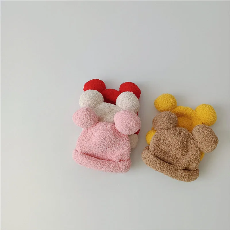 Winter Plush Baby Hat Kids Beanie With Ear Newborn Baby Bonnet Cap 2023 Solid Color Kids Hats Newborn Photography Accessories