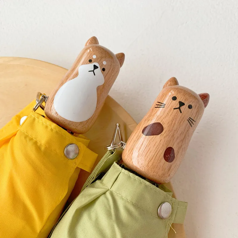 Cat Shiba Inu Couple Umbrella Wooden Handle Japanese Simple Solid Color Sunny Umbrella UV Windproof Umbrella