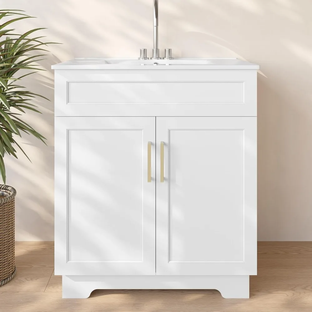 Tocador de baño con lavabo de cerámica, mueble de baño con 2 puertas, mueble de lavabo de baño de madera de 30 pulgadas, blanco