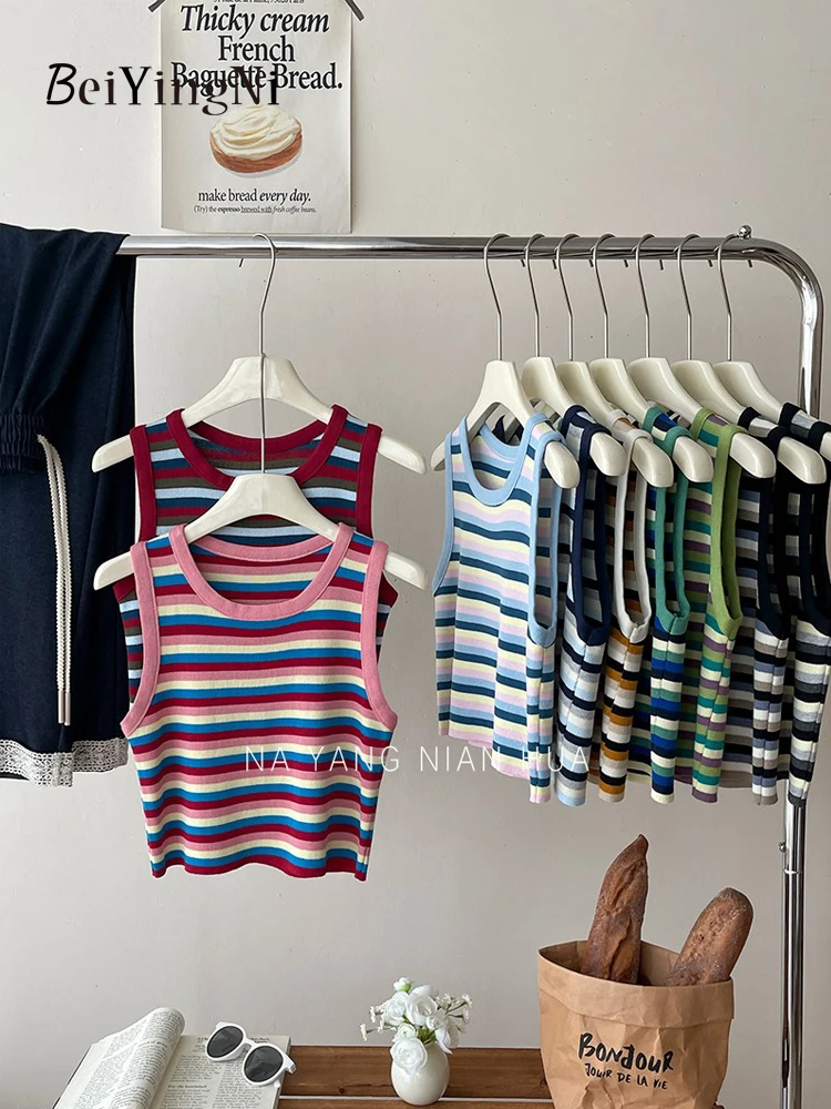 

Beiyingni Women Y2K Striped Tank Tops Sexy Club Harajuku Sleeveless Top Female Slim Fit Vintage Basic Vest Spell Color ChicCamis