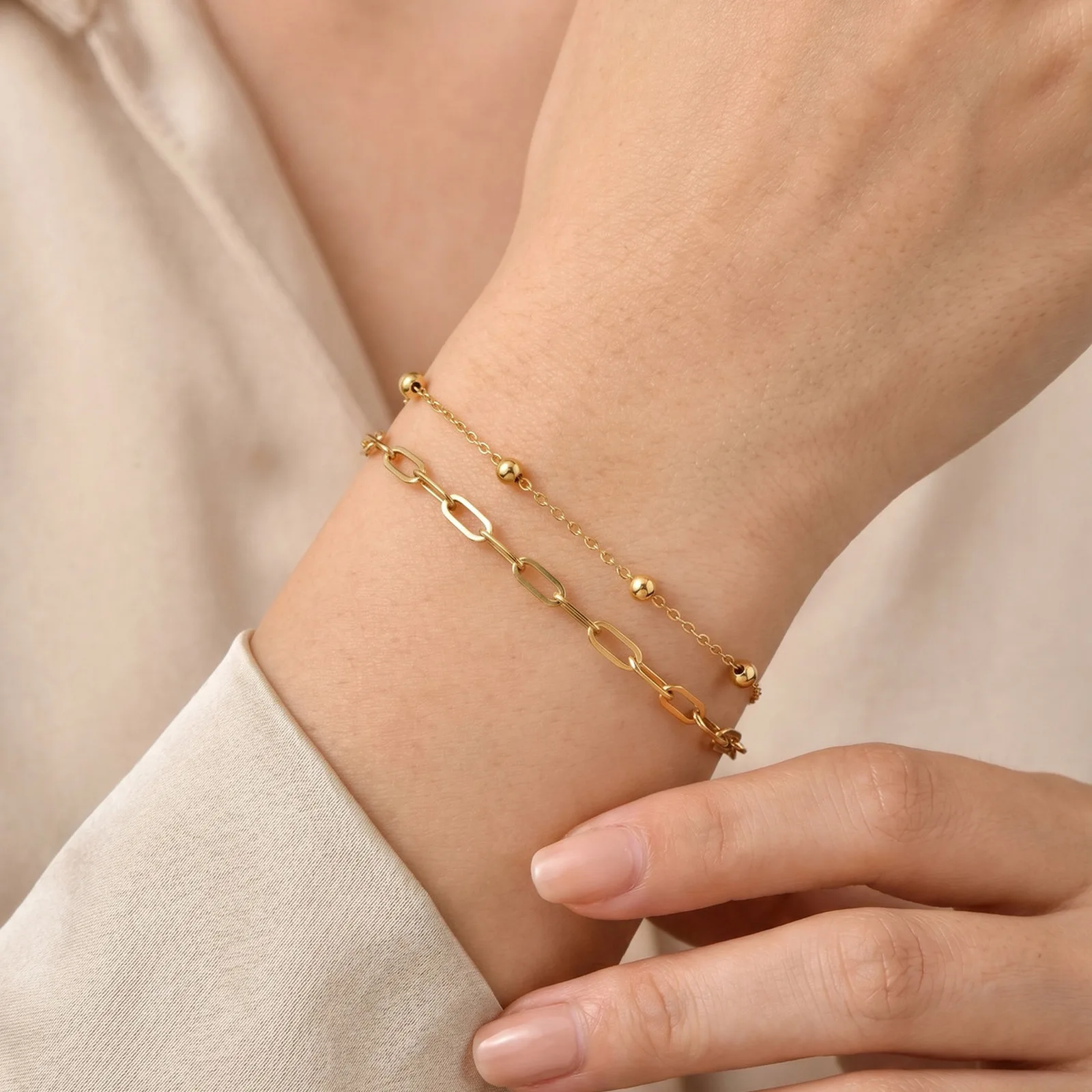 Vnox Trendy Gold Double-Layer Bracelet for Women Stainless Steel Spacer Bead Hand Wrist Chain Minimalism Stackable Accessory