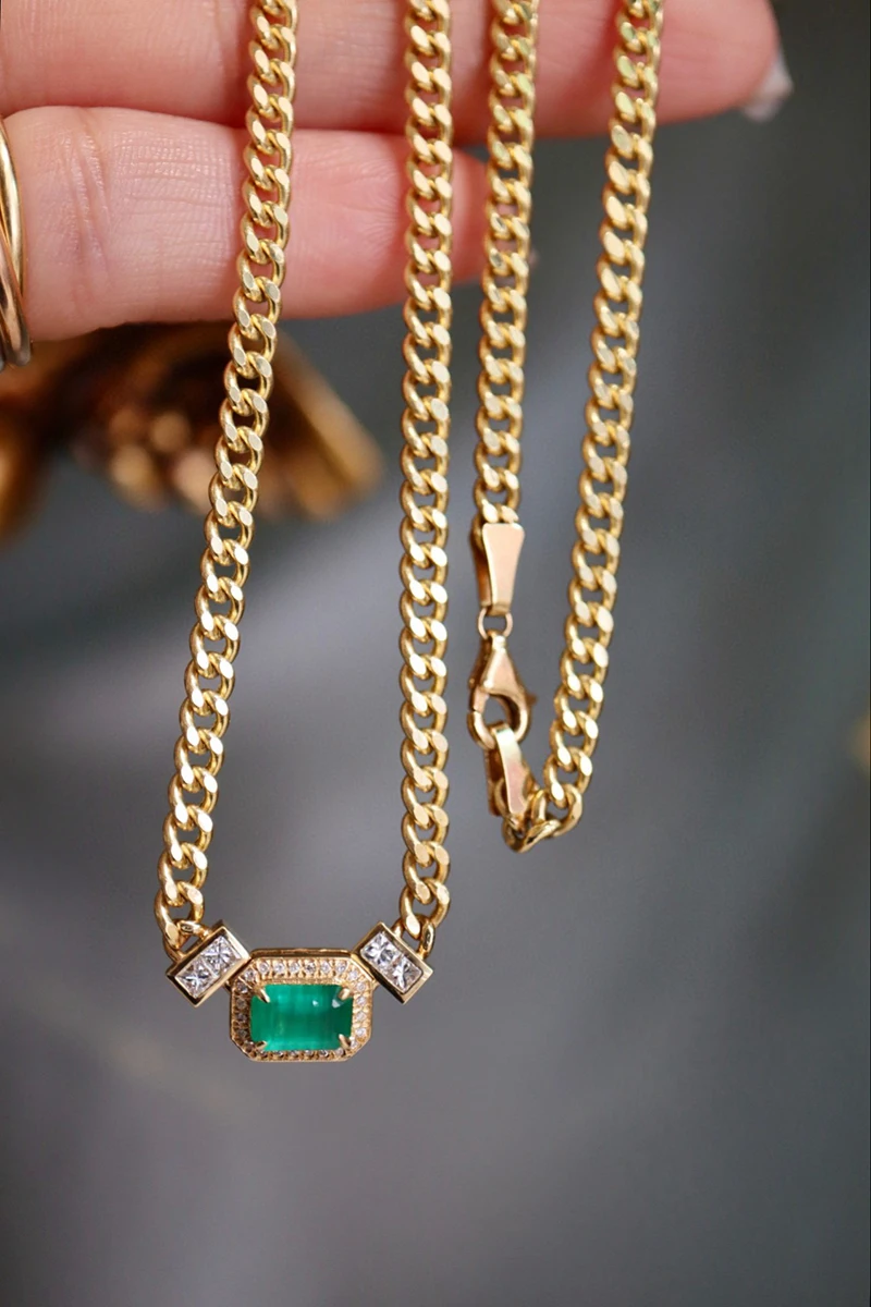 LUOWEND 18K Yellow Gold Necklace Classic Design Cuban chain Natural Diamond Natural Emerald Necklace High Women's Party Jewelry