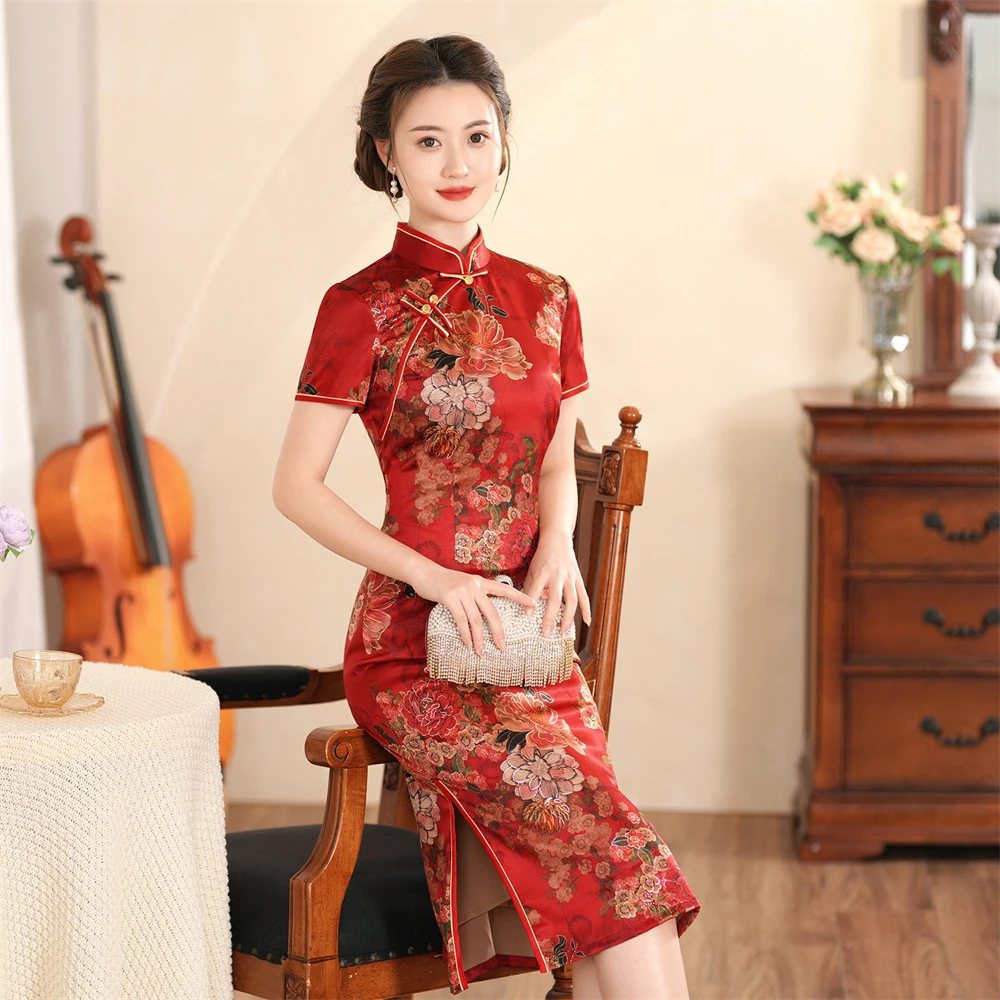 

Mid-length Cheongsam Summer Female Vintage Short-sleeved Wedding Banquet Dress Daily Improved Traditional Chinese Qipao Vestidos