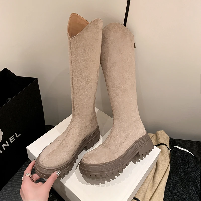 Dropshipping Leather Custom Sexy V-Mouth Suede Boots Round Head Square Heel Heel Heightened and Thin Zipper Women's Knight Boots