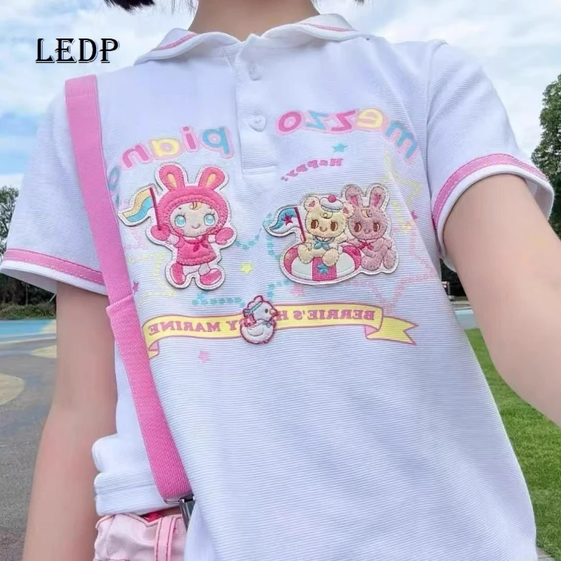 

Japanese Design White Cute Animal Print Navy Collar Women's T-shirt 2025 Summer New Sweet Pink Age Reduction Shorts Set Ladies