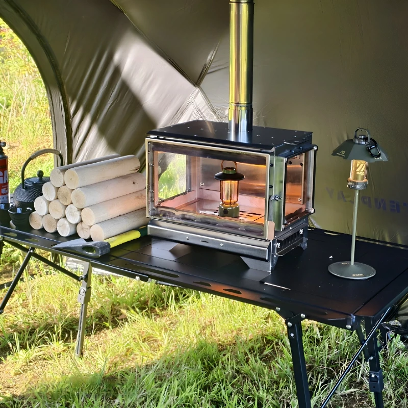 Outdoor Camping Wood Stove Stainless Steel Enclosure Secondary Air Intake Stove Heating Boiling Water Folding Oven Grill Stand