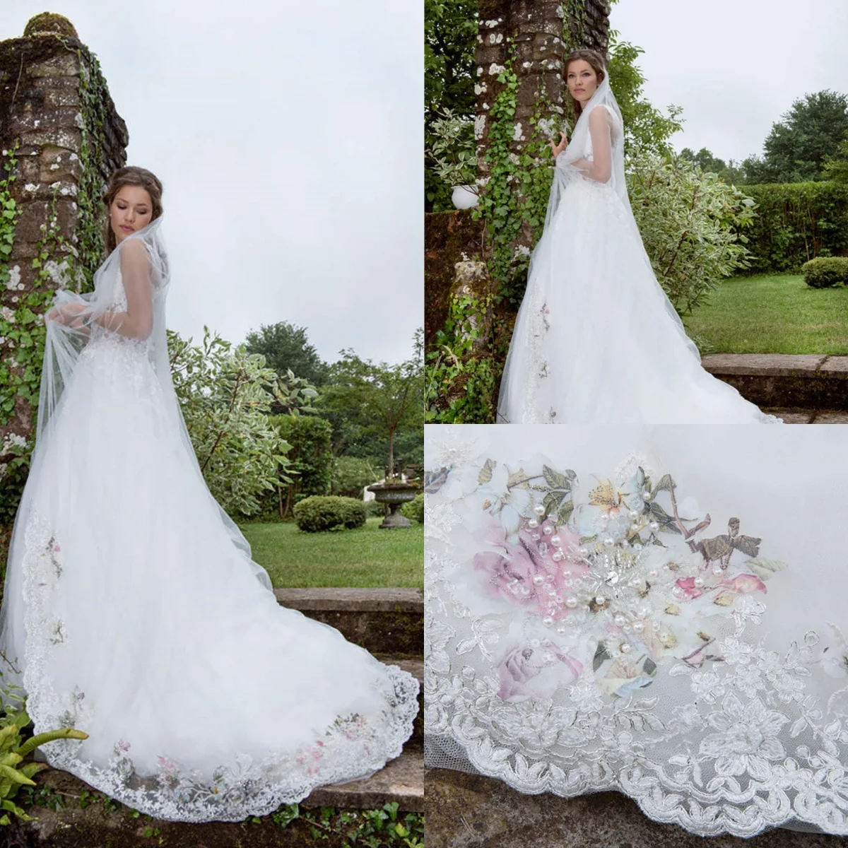 

Illusion Wedding Veil One Layer Appliques Pearls Bridal Veils Luxury Floral Sequins Beading Wedding Accessories Customized