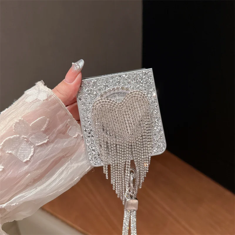 الماس شرابة القلب حامل المغناطيسي قضية الهاتف لسامسونج غالاكسي Z فليب 7 6 5 4 3 Flip6 Flip7 غطاء مع سلسلة ل Magsafe كابا