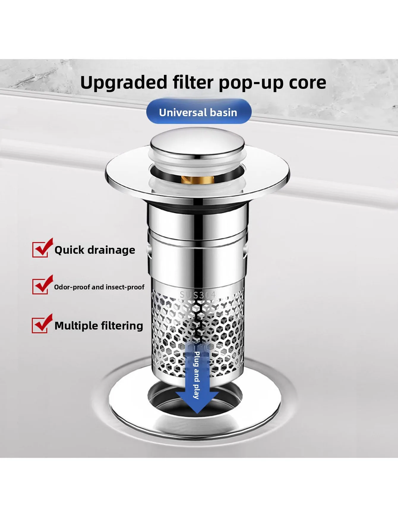 Desagüe de lavabo de acero inoxidable con filtro, antiobstrucción y antiolores, núcleo de desagüe para lavabo de baño, universal