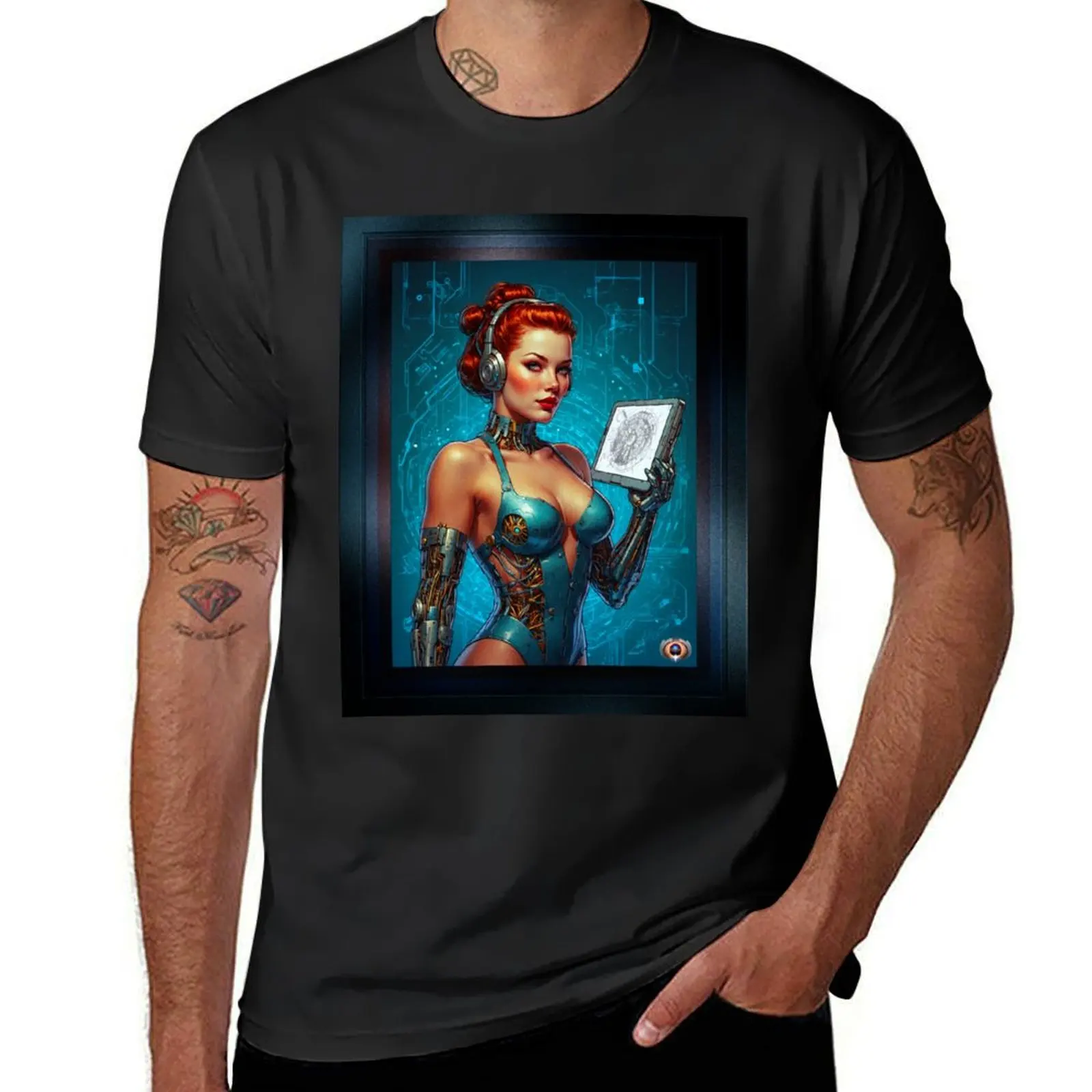 Designing My Cyborg Body Beautiful AI Concept Art Illustration Portrait by Xzendor7 T-Shirt graphics fitted t shirts for men