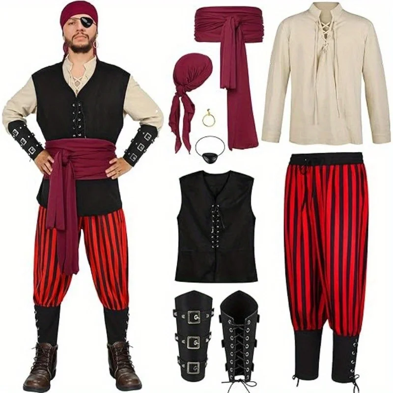 

8-Piece Halloween Stage Performance Costume Accessories Renaissance Costume Set Medieval Pirate Shirt Ankle Straps