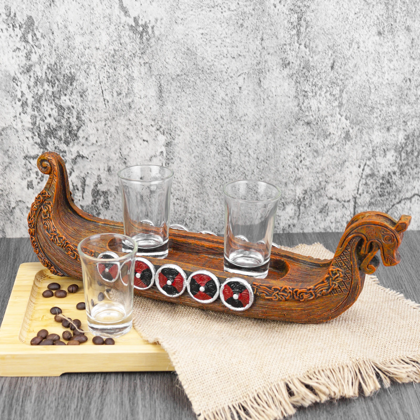 Viking Ship with Shot Glasses Glass Holder 3 Piece Set New Viking